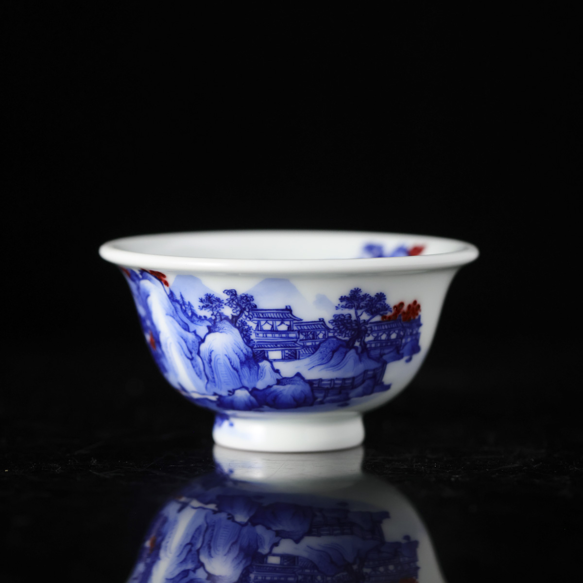 小桥-青花釉里红山水压手杯-手工陶瓷有差异 