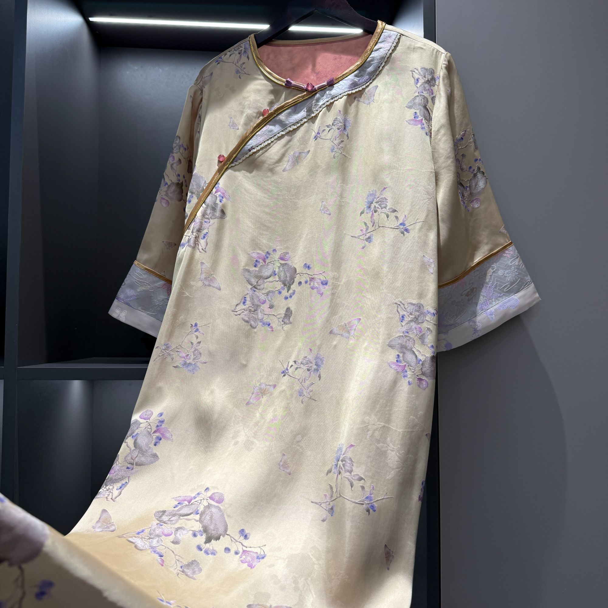 中式连衣裙复古改良斜襟盘扣提花夏季女装宽松连衣裙2759