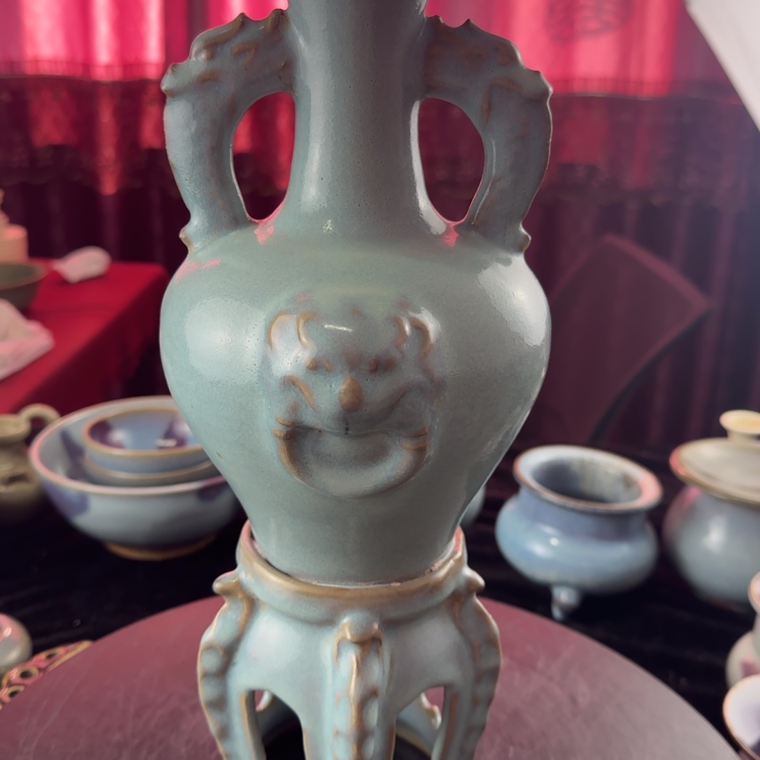 后***语瓷片禹州窑连坐瓶全品无瑕疵