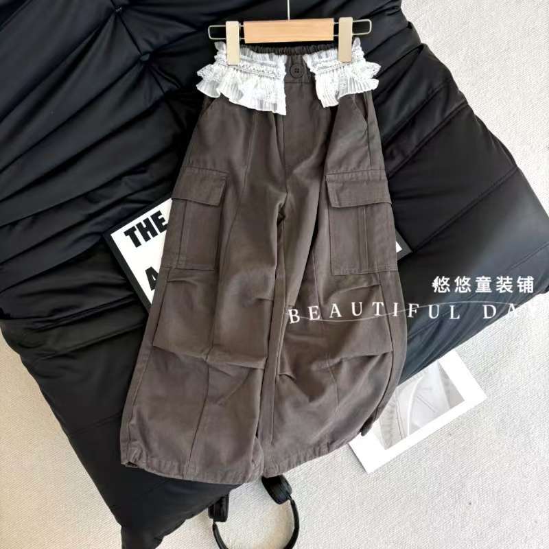女童秋季新款裤子洋气花边工装裤女宝宝韩版工装休闲风裤子