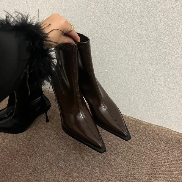 2025秋冬新品瘦瘦靴~细跟高跟尖头气质软皮后拉链韩版百搭款短靴