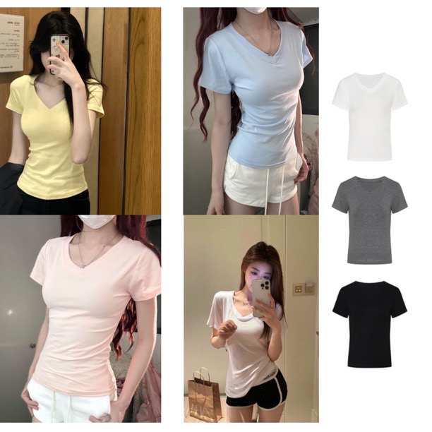 2025夏季新款V领百搭正肩辣恤锁骨小众设计感显瘦纯欲纯色女上衣
