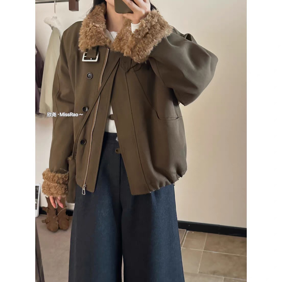 825区612C深咖色女上衣翻领加绒时尚加绒长袖