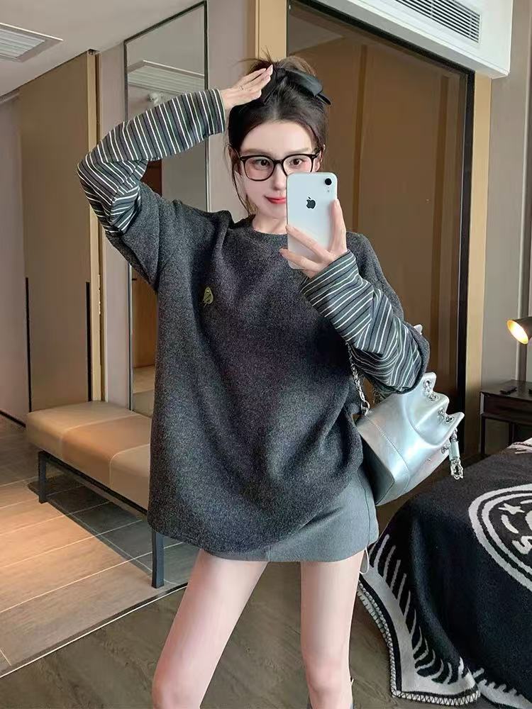 韩系穿搭假两件春秋季宽松单穿设计感小众正肩秋冬冬季长袖t恤ins