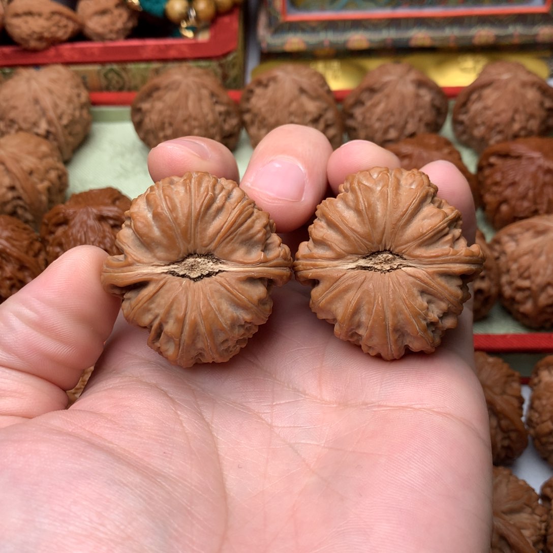 文玩核桃把件40.5尺凹底全品闷尖白狮子