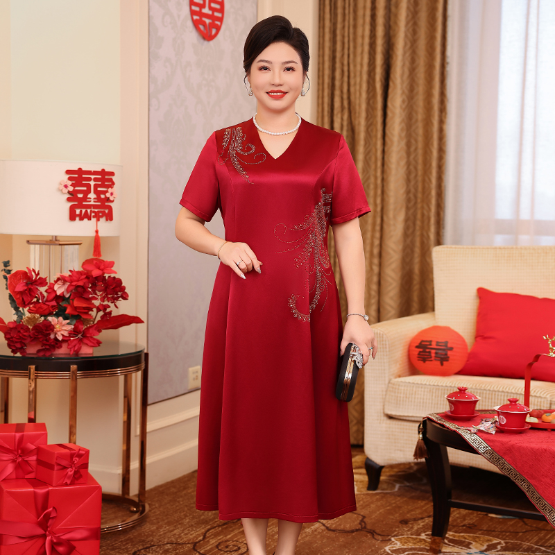 中老年妈妈装夏季婚宴气质大码显瘦时尚高贵针织连衣裙FX36-2556