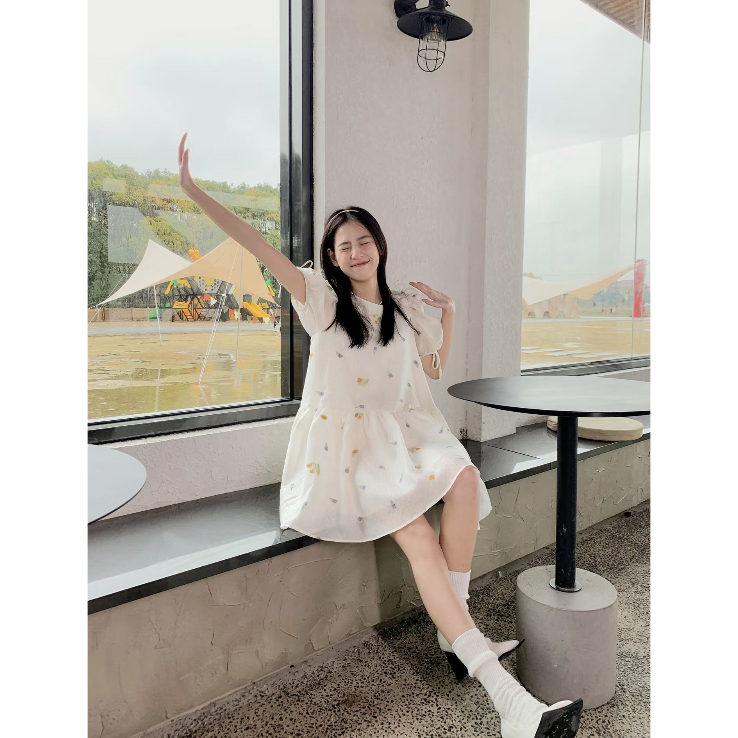 899【1334】泡泡袖提花连衣裙