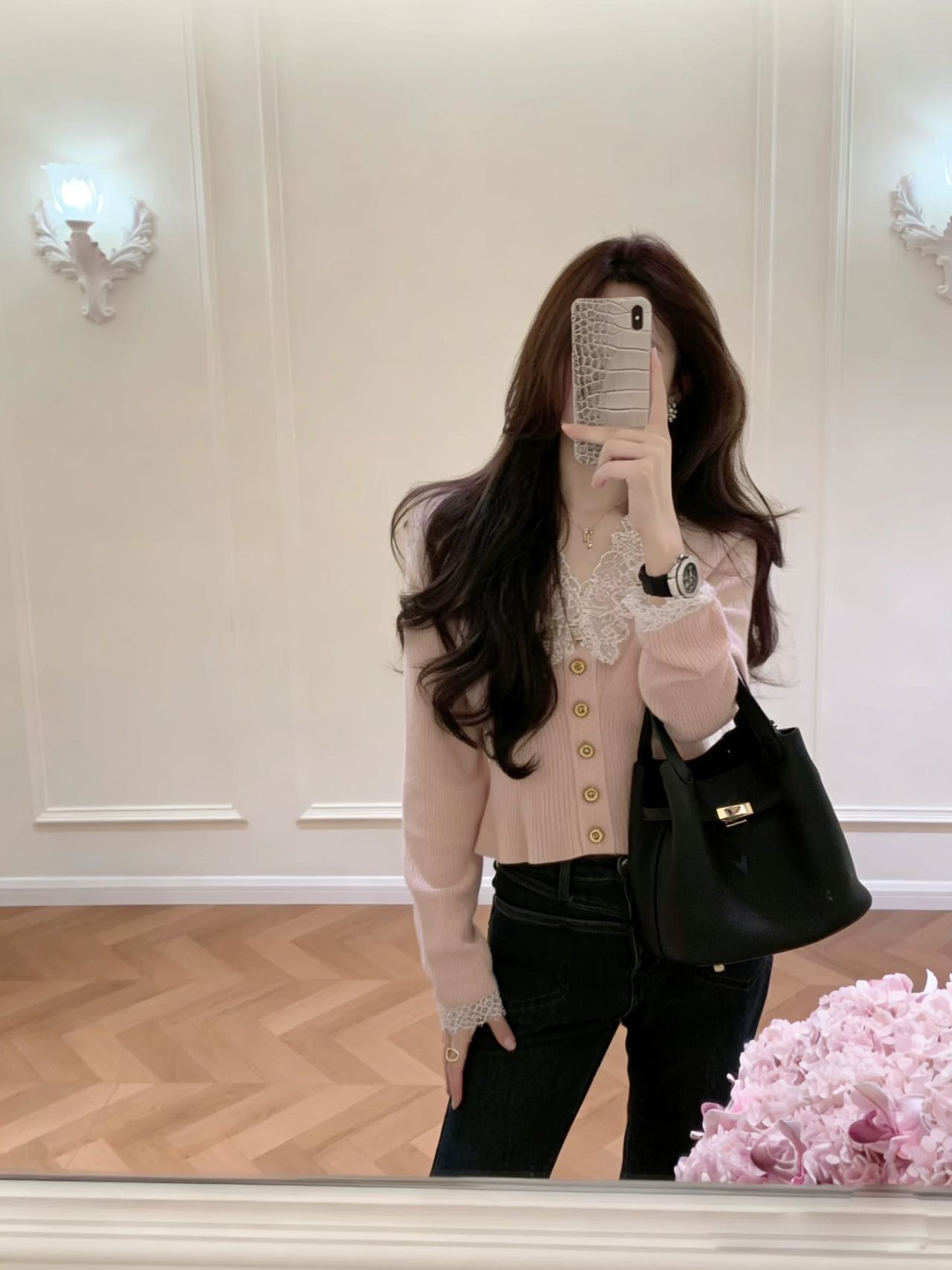 春秋新款小众炸街高级感女装韩版蕾丝拼接针织开衫休闲牛仔裤套装