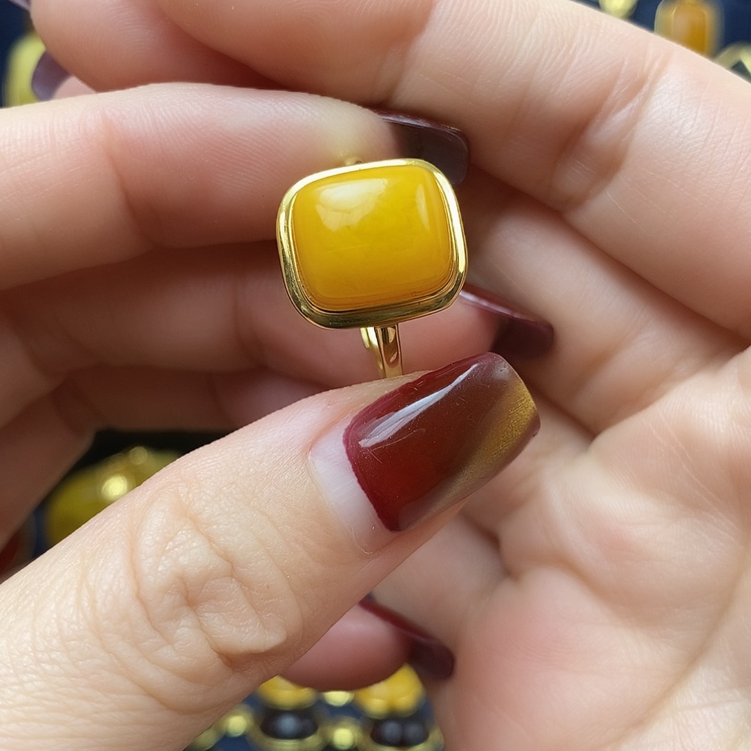 蜜蜡戒指银S925镀金镶嵌