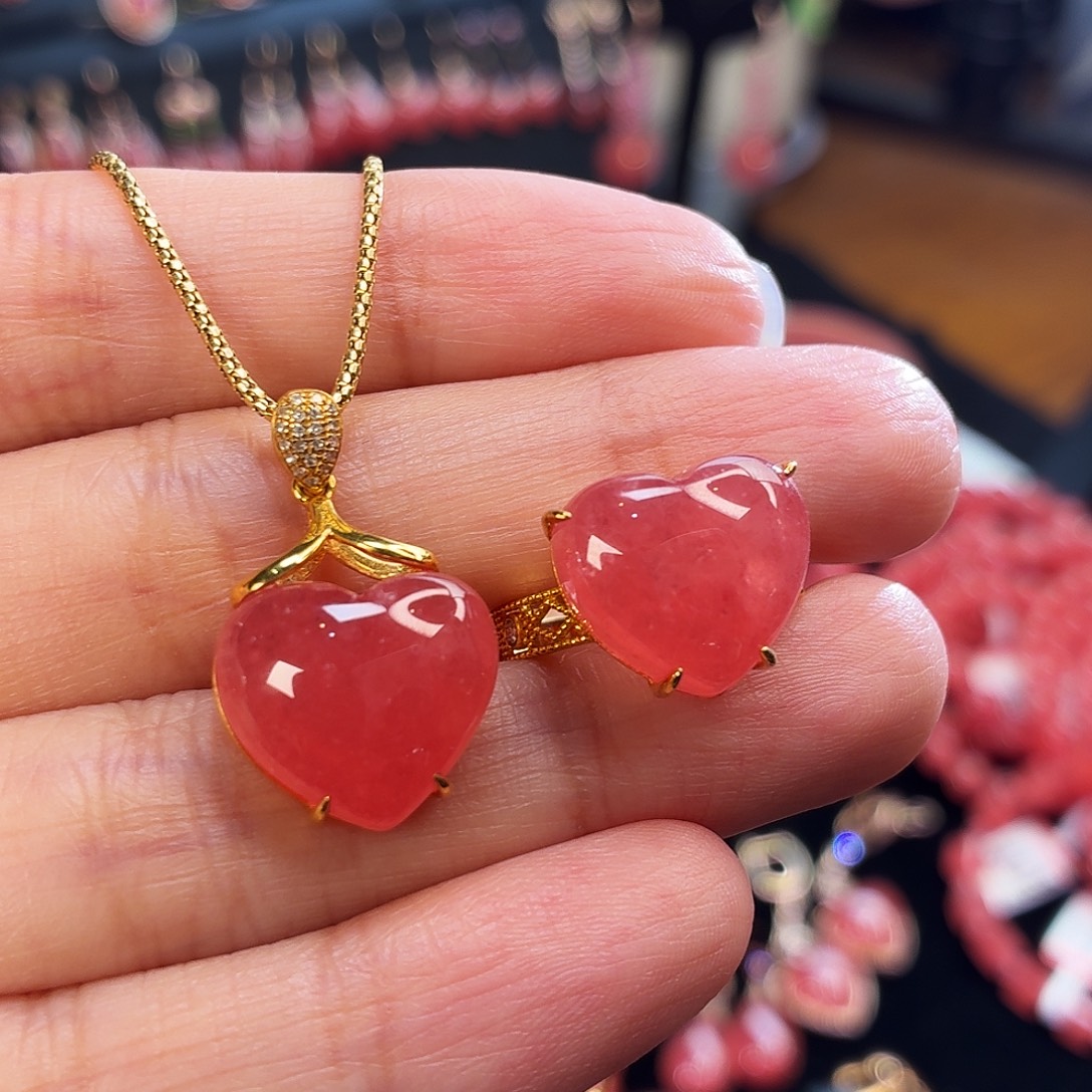 菱锰矿（红纹石）18K金镶嵌吊坠(不含链)套装