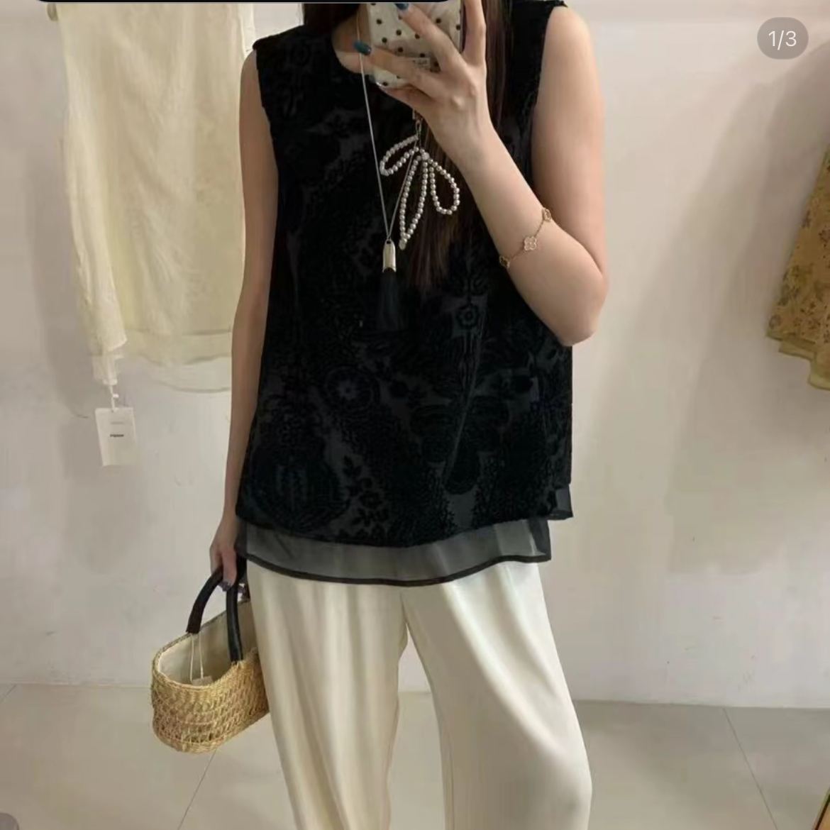 2025夏季新款复古优雅丝绒拼接网纱宽松显瘦无袖小衫背心上衣