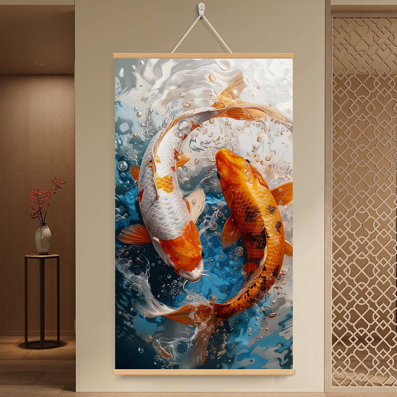 【70x120 高级书法绒布】锦鲤玄关挂画客厅挂画