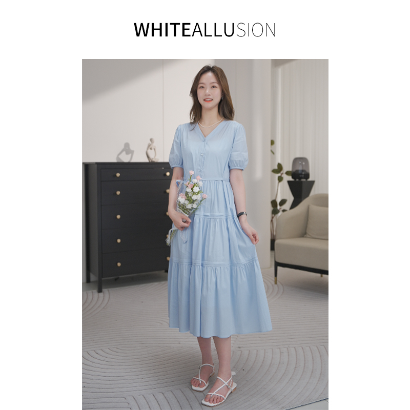 素典年中清仓【1975】假风浪漫V领连衣裙设计感收腰显瘦宽松连衣裙