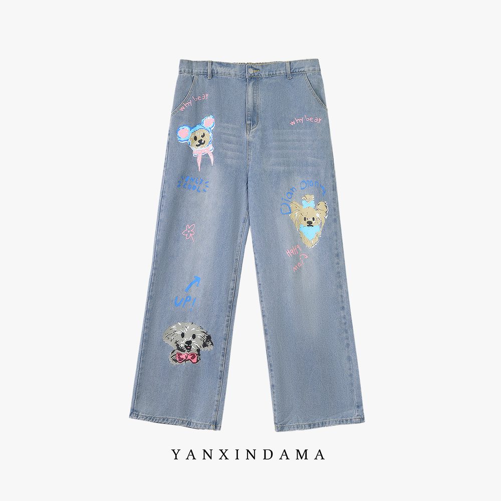 大码女装300斤胖MM时尚卡通印花高腰百搭直筒牛仔裤203