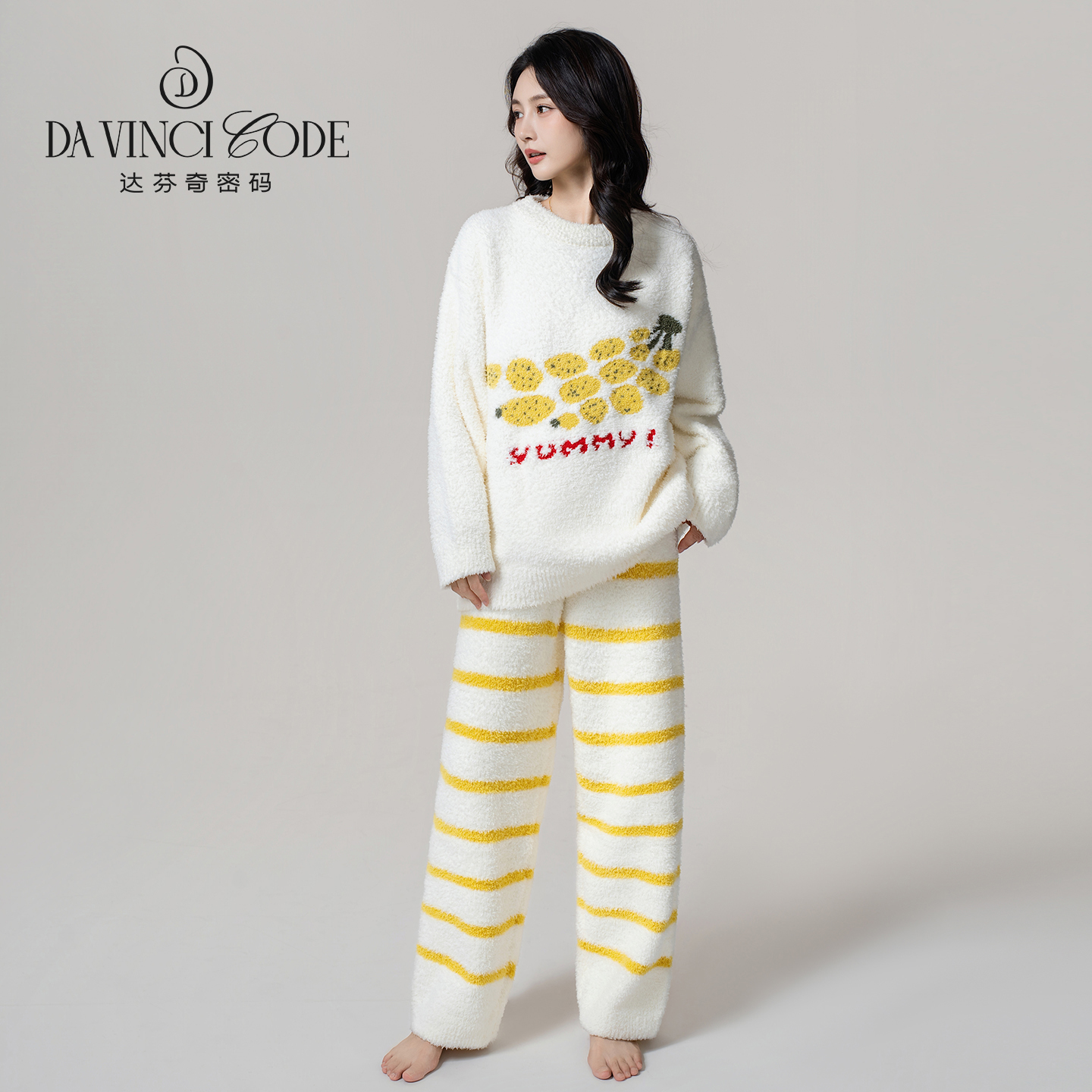 DAVINCIART秋冬小香蕉老鼠绒款睡衣女半边绒套装保暖情侣款家居服