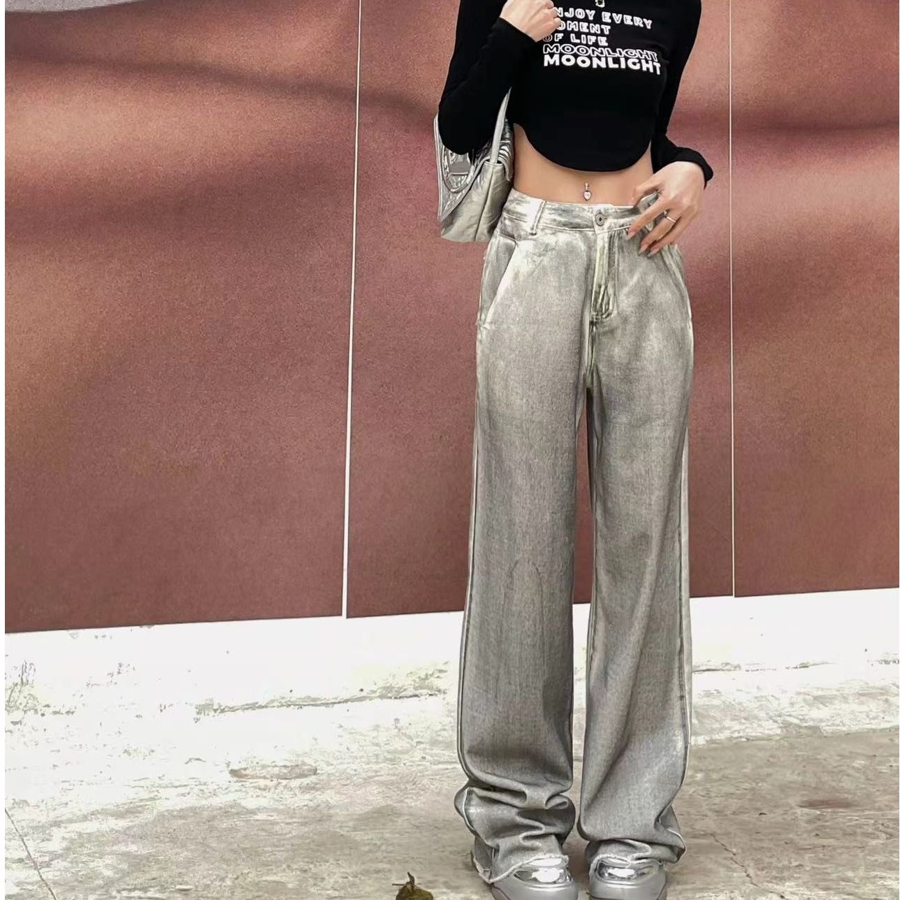 婉君【水墨裤】银白色阔腿牛仔裤LWJ23A1K379