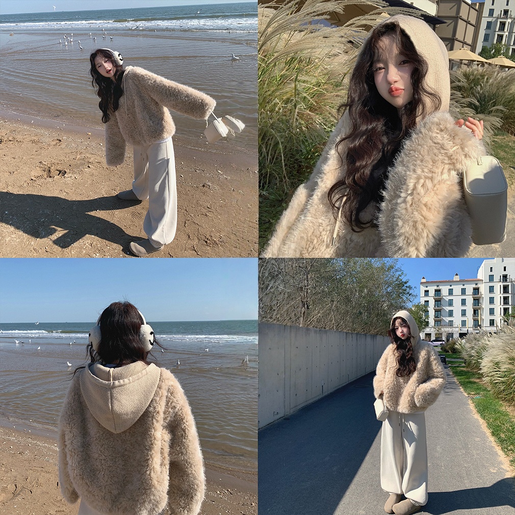 （浪漫满屋）设计感减龄百搭针织连帽羊圈绒环保毛软糯毛毛外套女