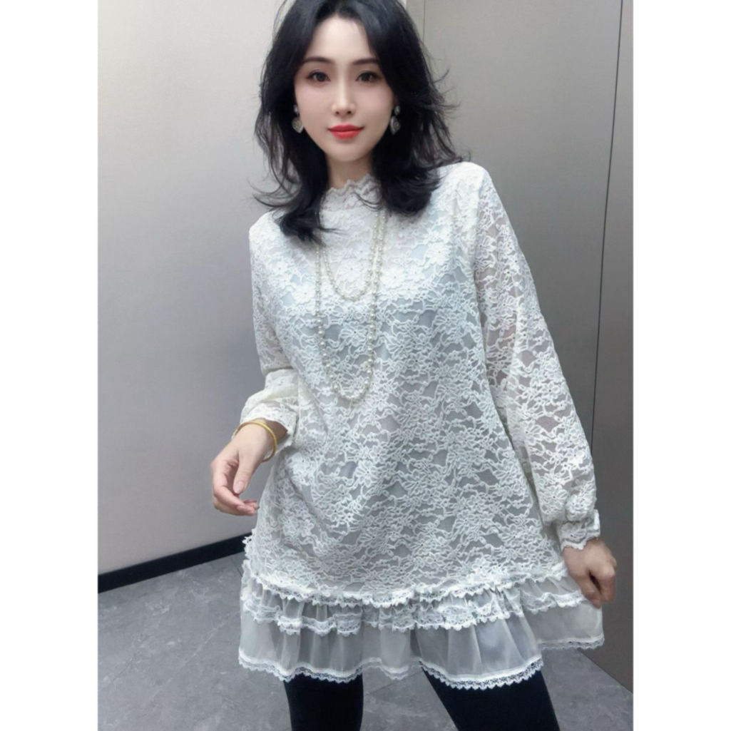 秋冬季大码女装胖妹妹纯色蕾丝拼接花边半高领宽松百搭长袖中长款