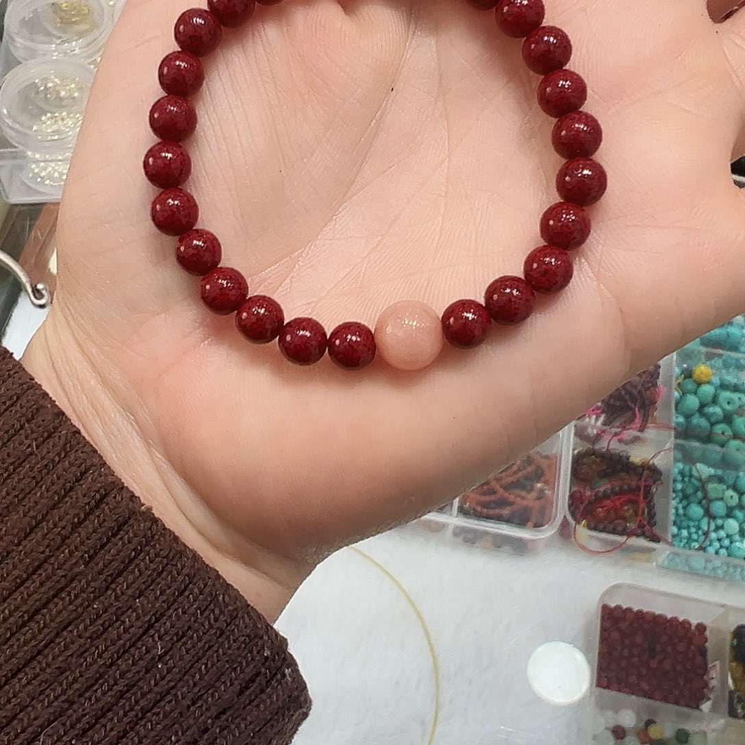 天然辰砂晶体砂6毫米➕太阳石8毫米