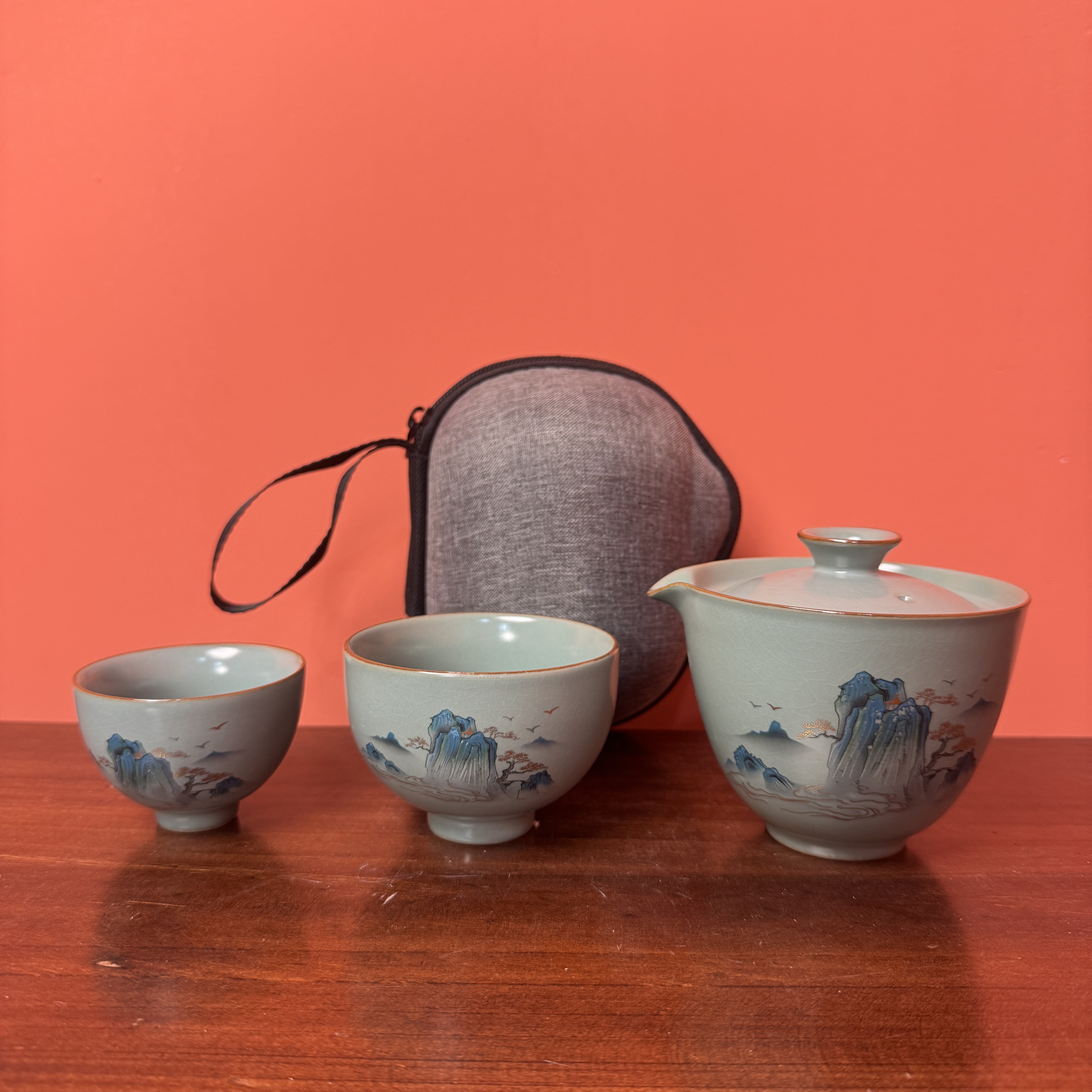 AA015天青汝窑旅行茶具千里江山户外便携式快客杯露营一壶两杯D