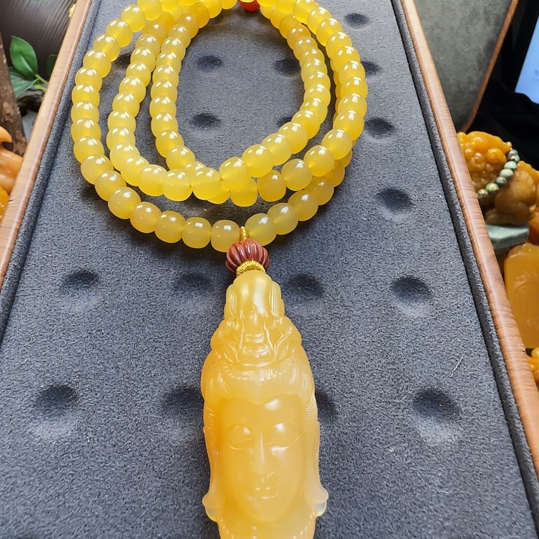 长***首石英质玉（缅黄）未镶嵌套链观音头像+卡7.5高冰老型长串