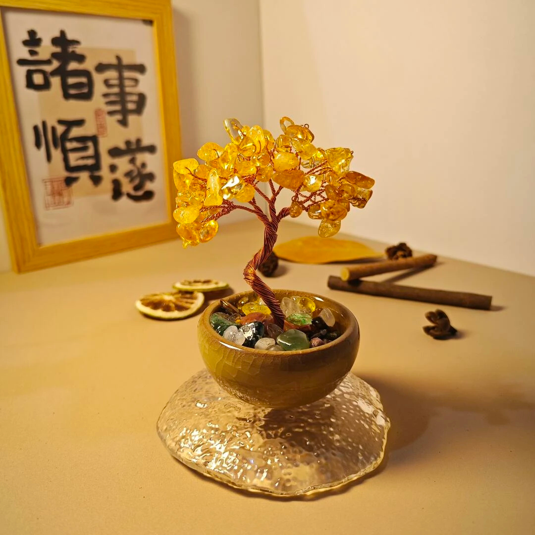 【天然放光石】手工发财树摆件造型树桌面书房办公室床头创意礼物