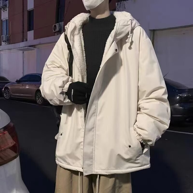 W32-BY秋冬季羊羔绒连帽棉衣外套男女潮牌休闲棉服宽松百搭面包服