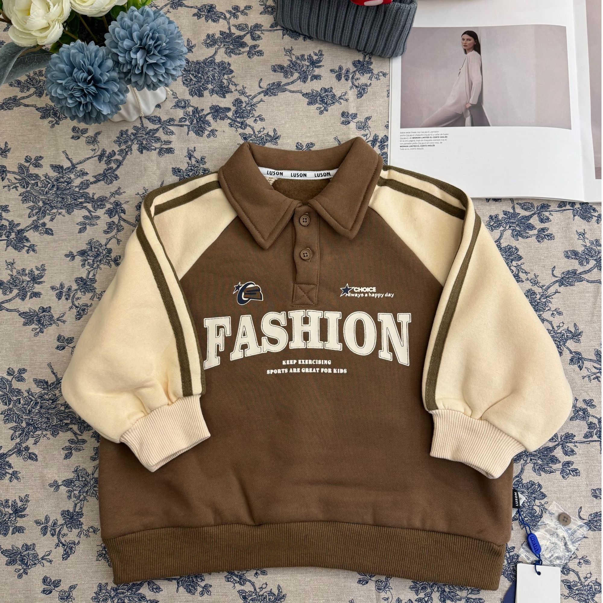 （大猪）冬季男童POLO领韩版拼色帅气酷宝加绒加厚长袖上衣