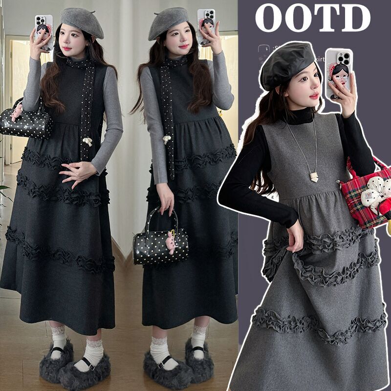 「嗒嗒」2025新款秋冬洋气打底衫显瘦孕妇装木耳边背心裙两件套