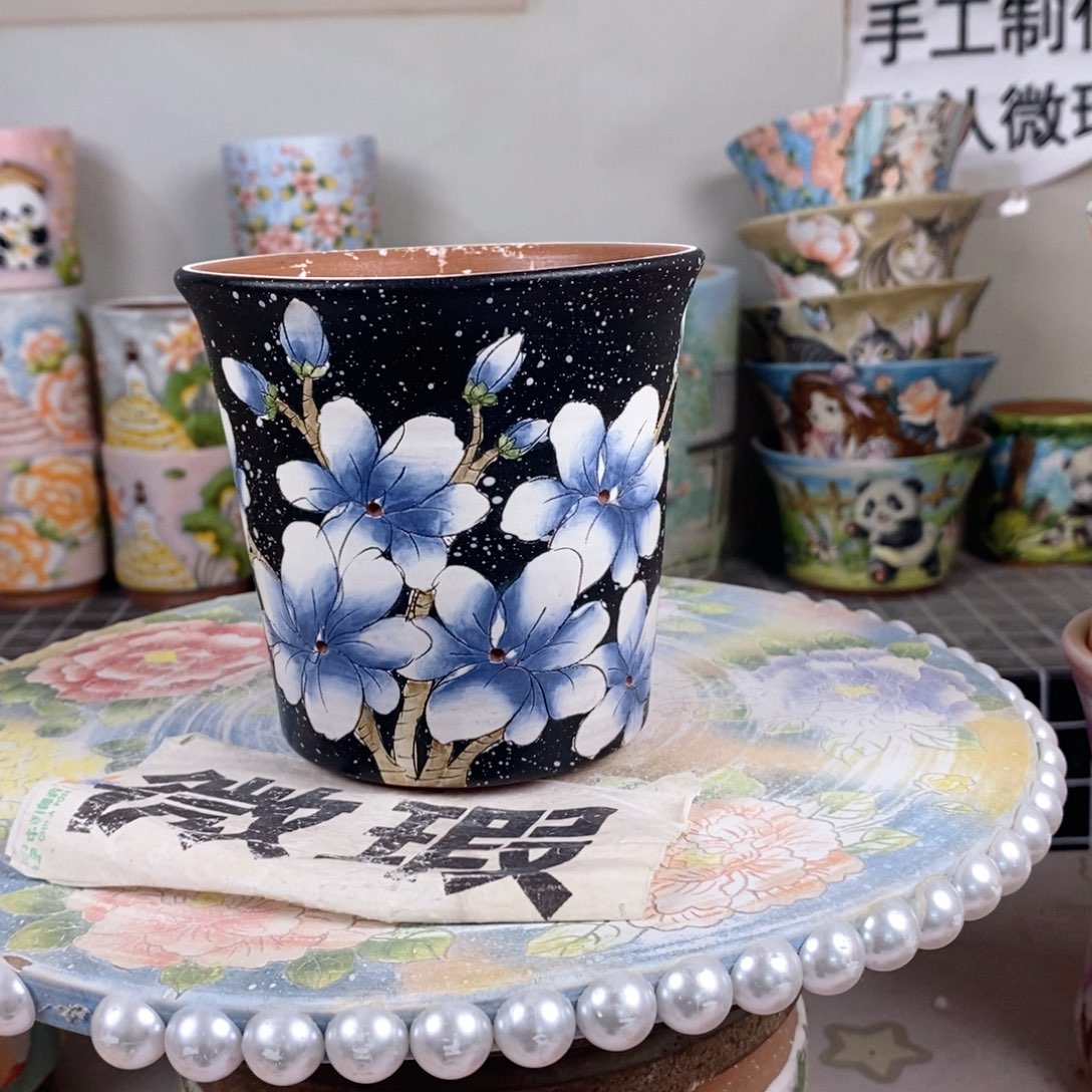 紫砂花盆红陶手绘花盆