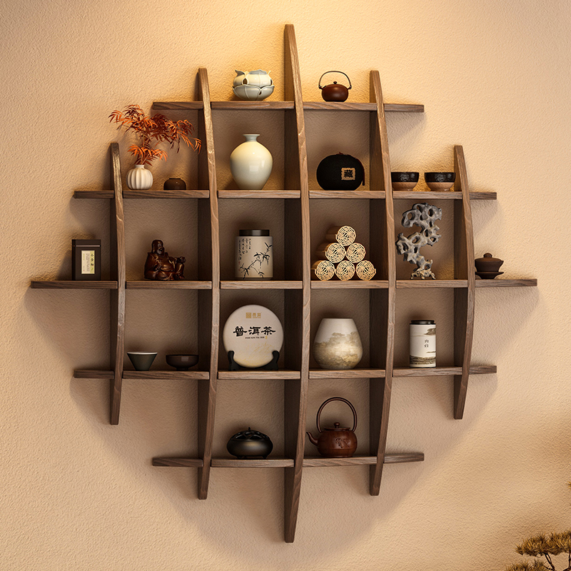 墙上博古架实木新中式多宝阁茶叶茶具置物架多层紫砂壶摆放展示架