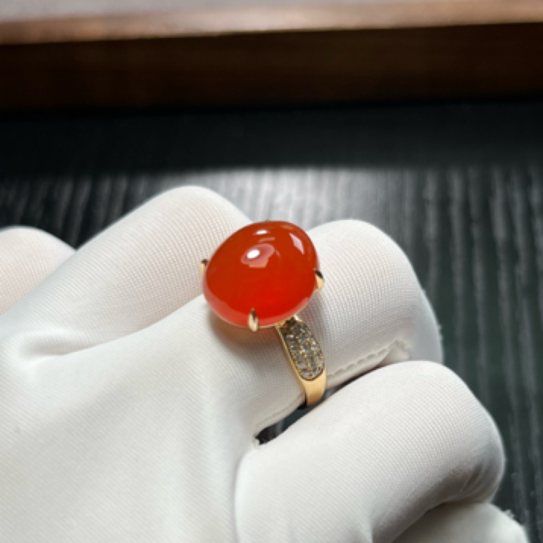 原矿保山冰红18k金真钻女戒南红戒指