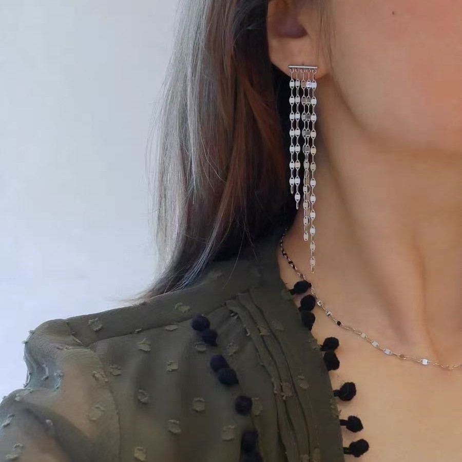 925银耳饰 925银耳饰 《流光》超闪嘴唇链亮片流苏耳钉耳环轻奢风