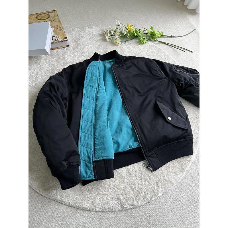 K09 蒂芙尼蓝撞色双面穿短款棉服男美式bomber飞行夹克棉衣厚外套