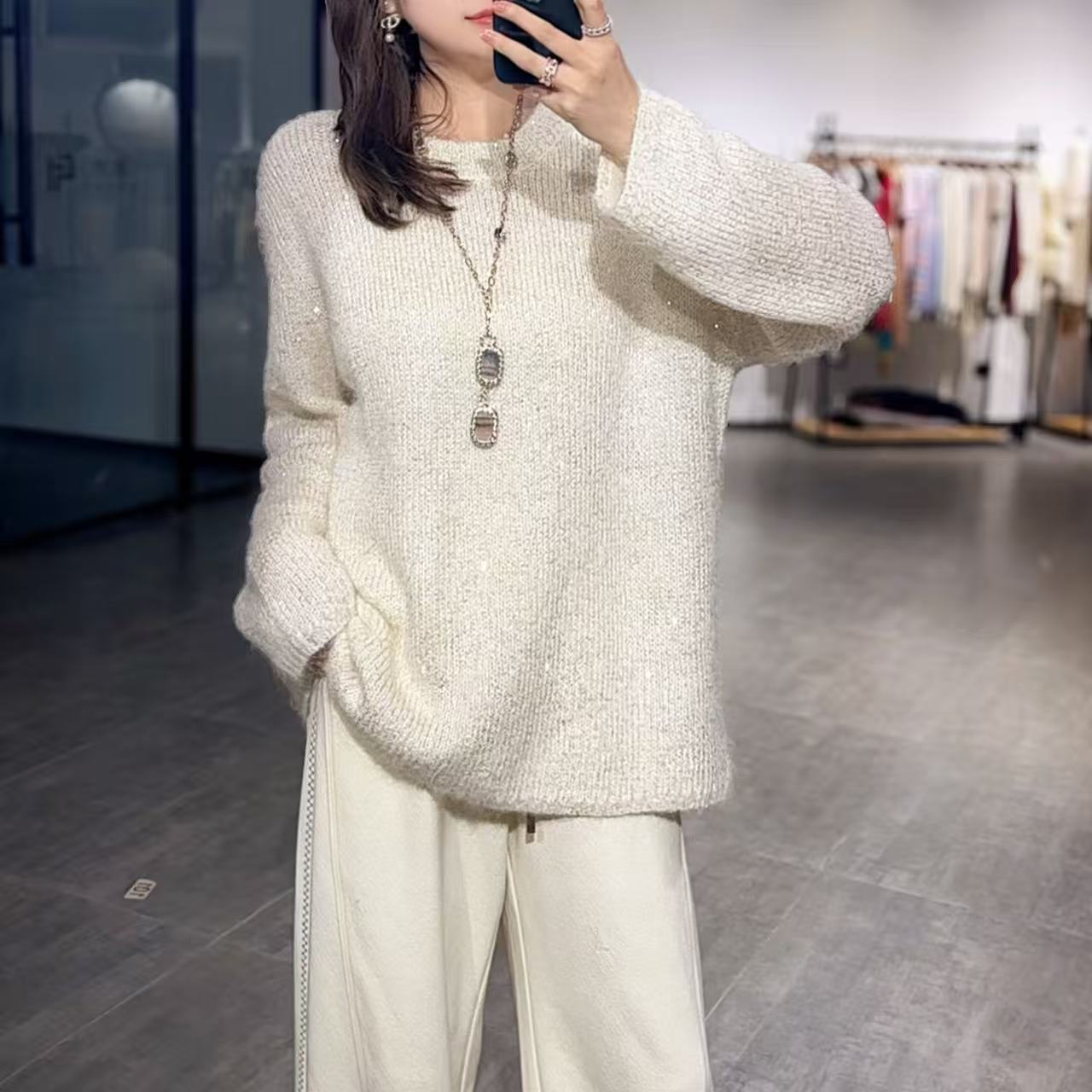 满天星宽松大版松弛慵懒亮片秋冬绵羊毛套头毛衣3085