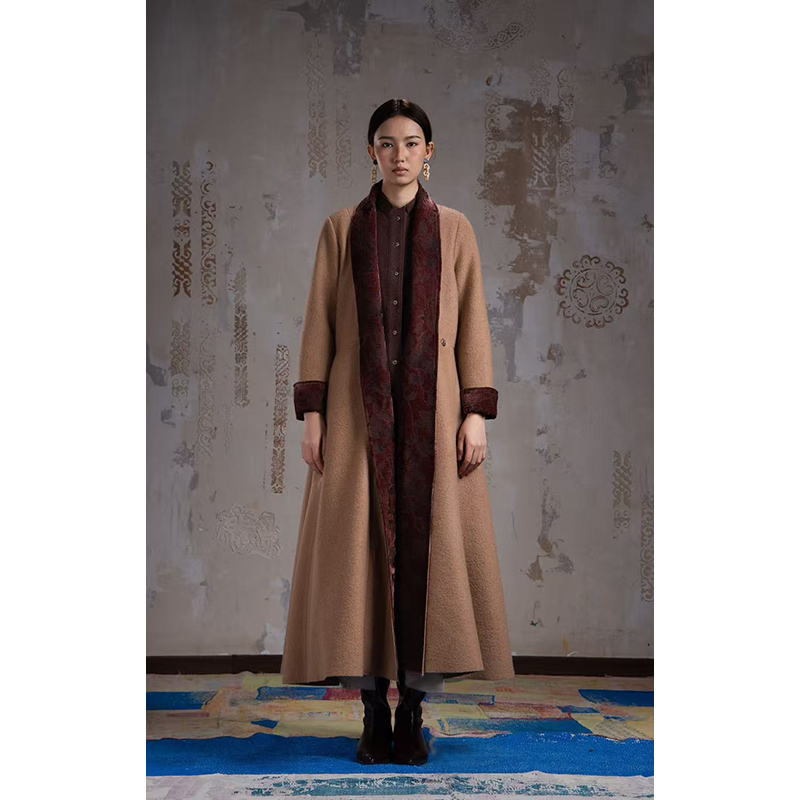 沙粒｜【人生大衣】澳毛重磅高支高密羊毛拼接立体提花收腰大摆大衣