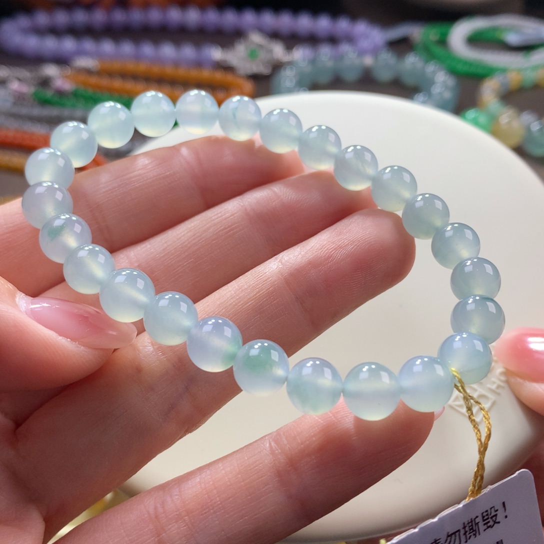 翡翠手链未镶嵌木那冰胶天空蓝飘花卡6.5