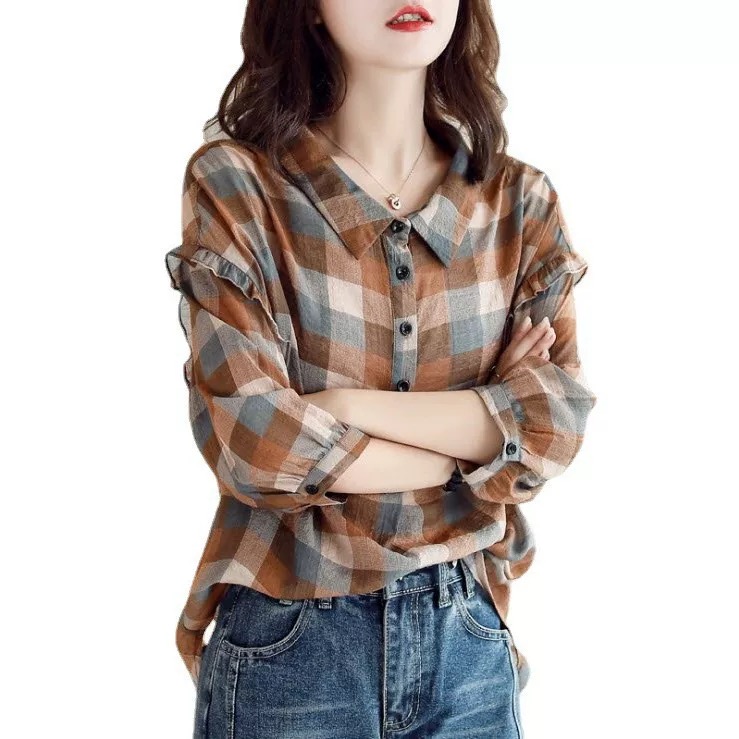7428 GZN格子衬衫复古港味设计感时尚新款七分袖女上衣