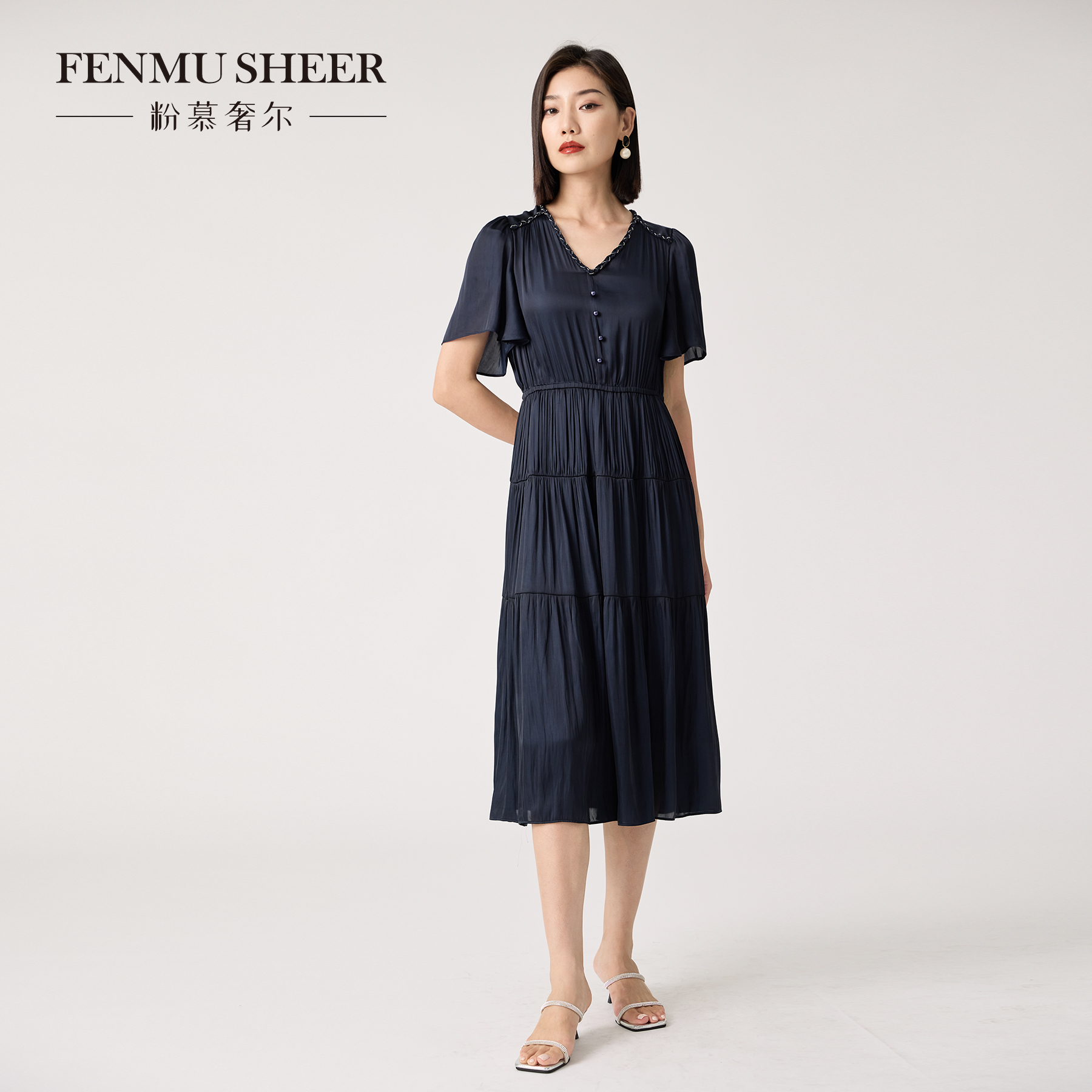 【格一专享】粉慕奢尔『松茶情书』亲肤海岛丝缎荷叶袖连衣裙-D2208