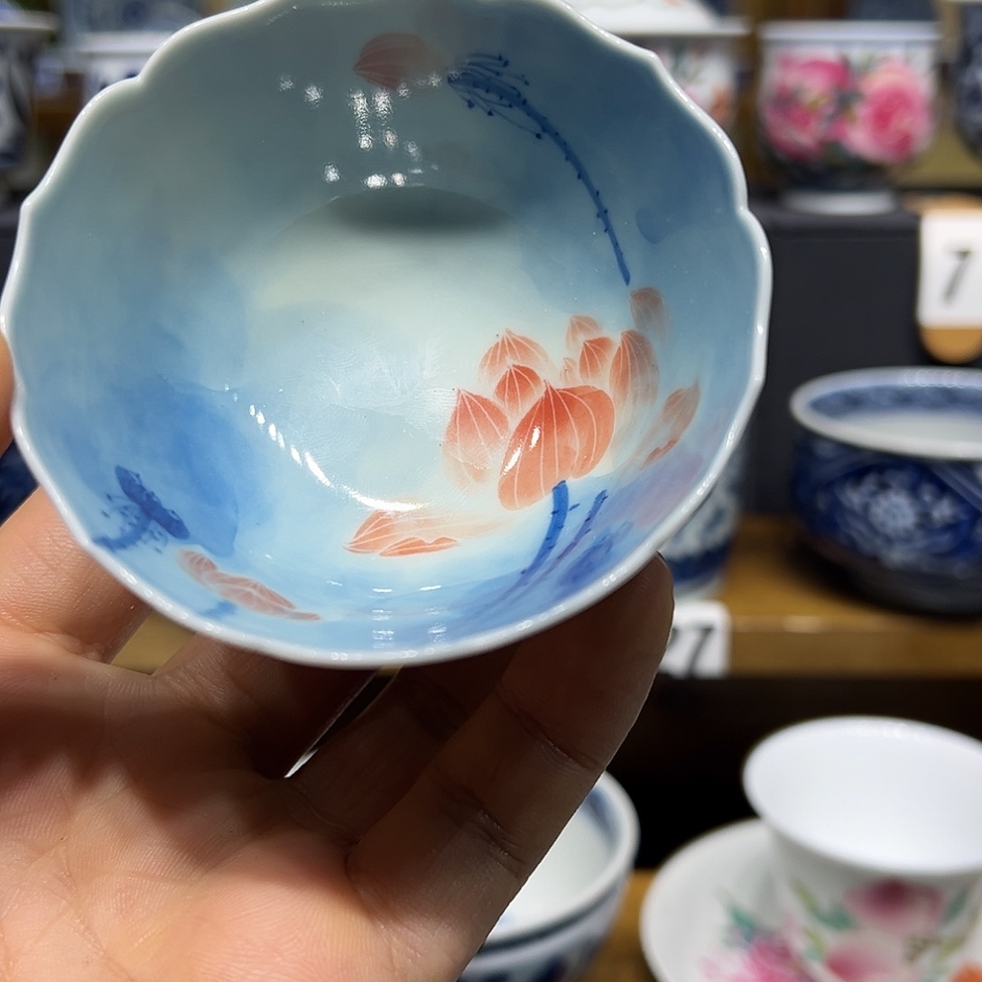 花***菜影青月下荷塘葵口品茗杯