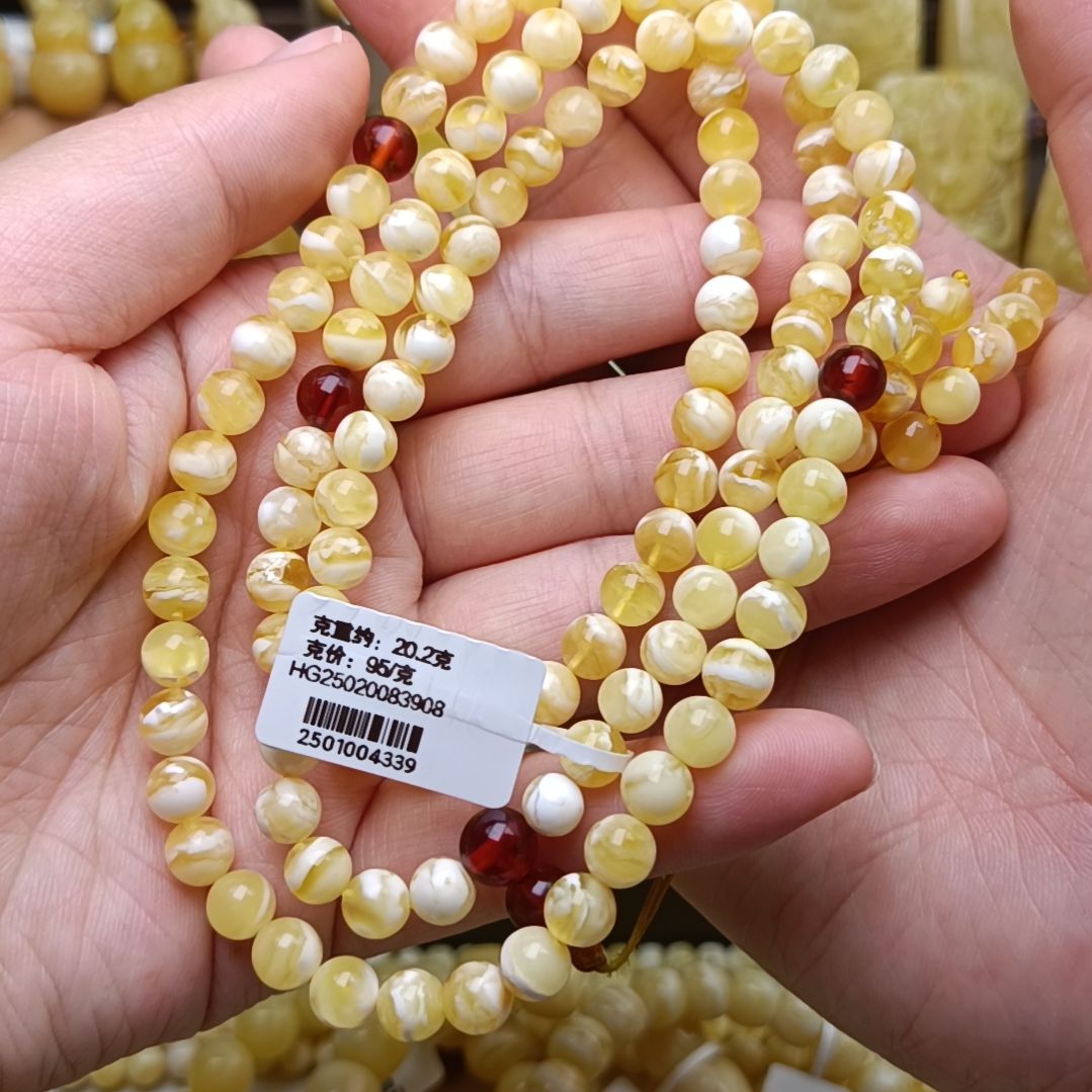 蜜蜡颈饰未镶嵌6圆珠108金瓷白虎皮纹