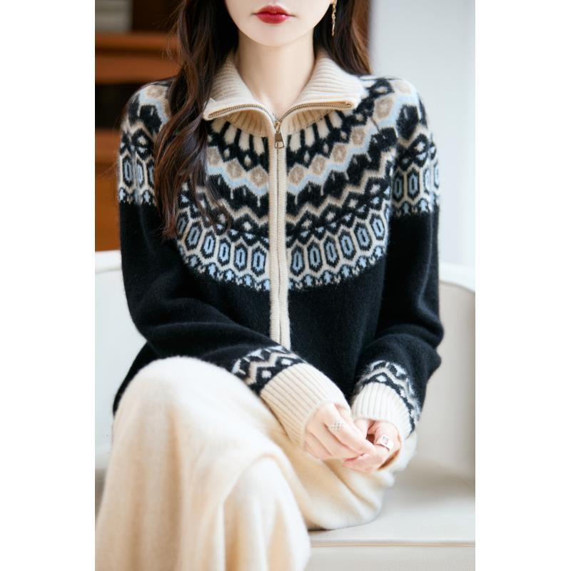 100%羊毛秋冬七针加厚款费尔岛双拉链百搭开衫D399