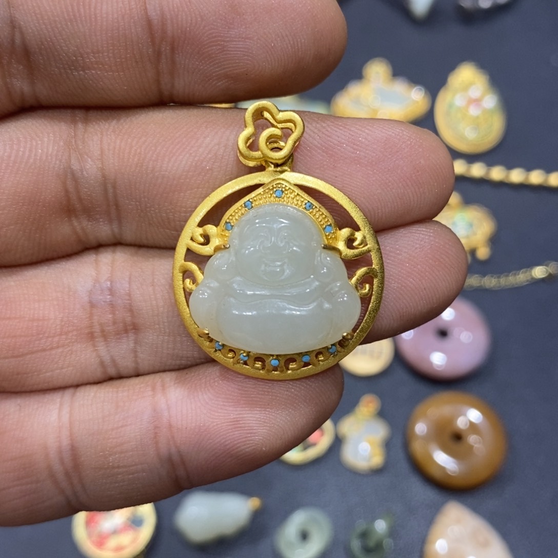 和田玉颈饰银S925镀金镶嵌