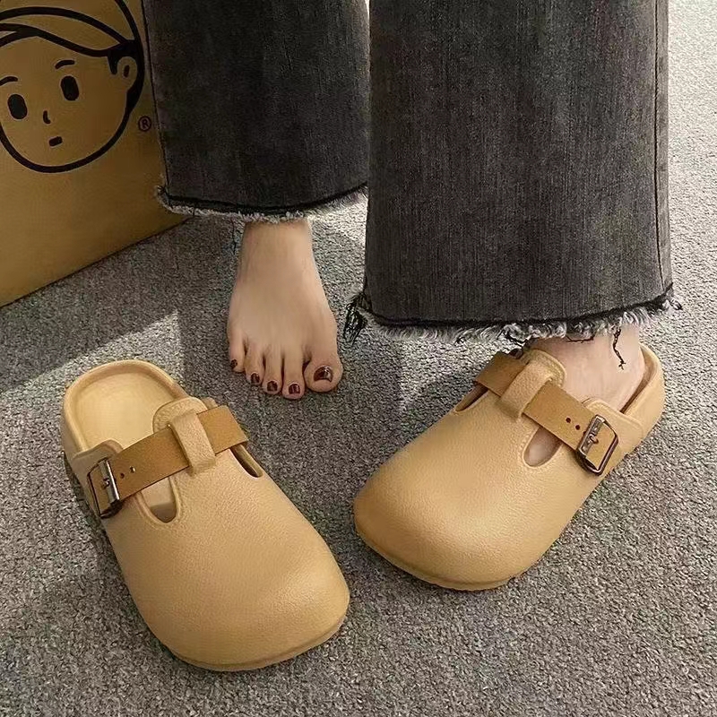 韩系复古新款纯色2025舒适百搭休闲时尚不臭脚包头网红半拖鞋女生