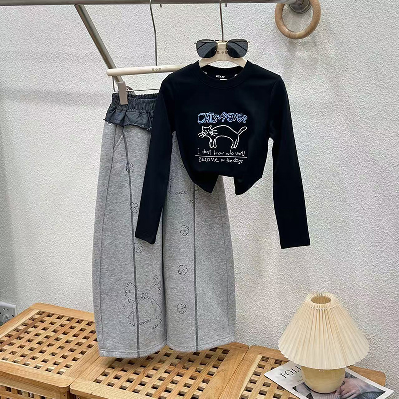 女童秋季套装2025新款儿童阔腿直筒裤两件套女孩T恤大童洋气童装