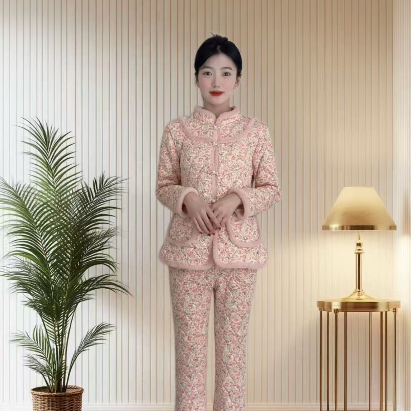 冬季新中式妈妈碎花加绒加厚保暖棉衣棉裤复古中国风