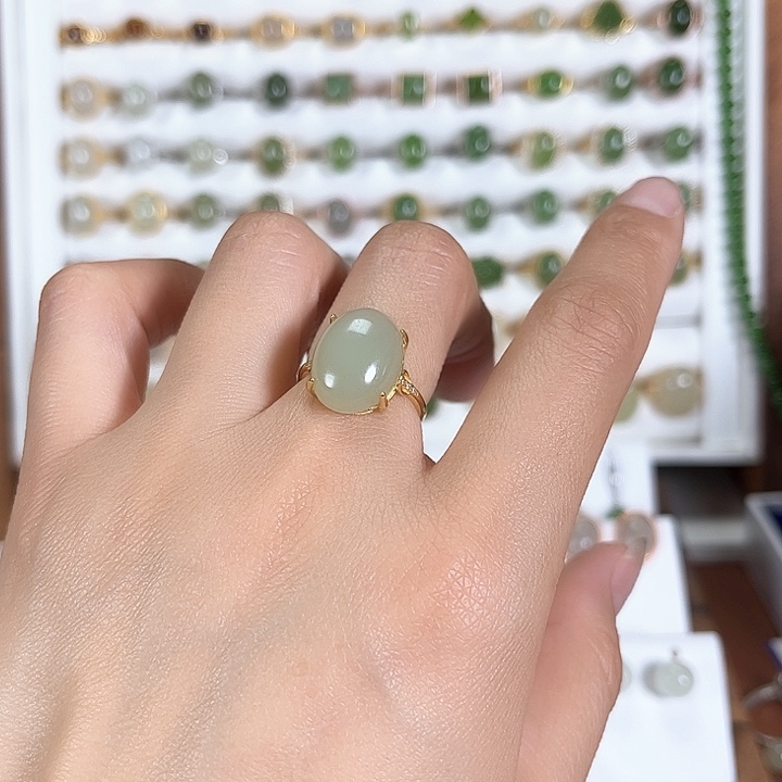 和田玉戒指银S925镀金镶嵌