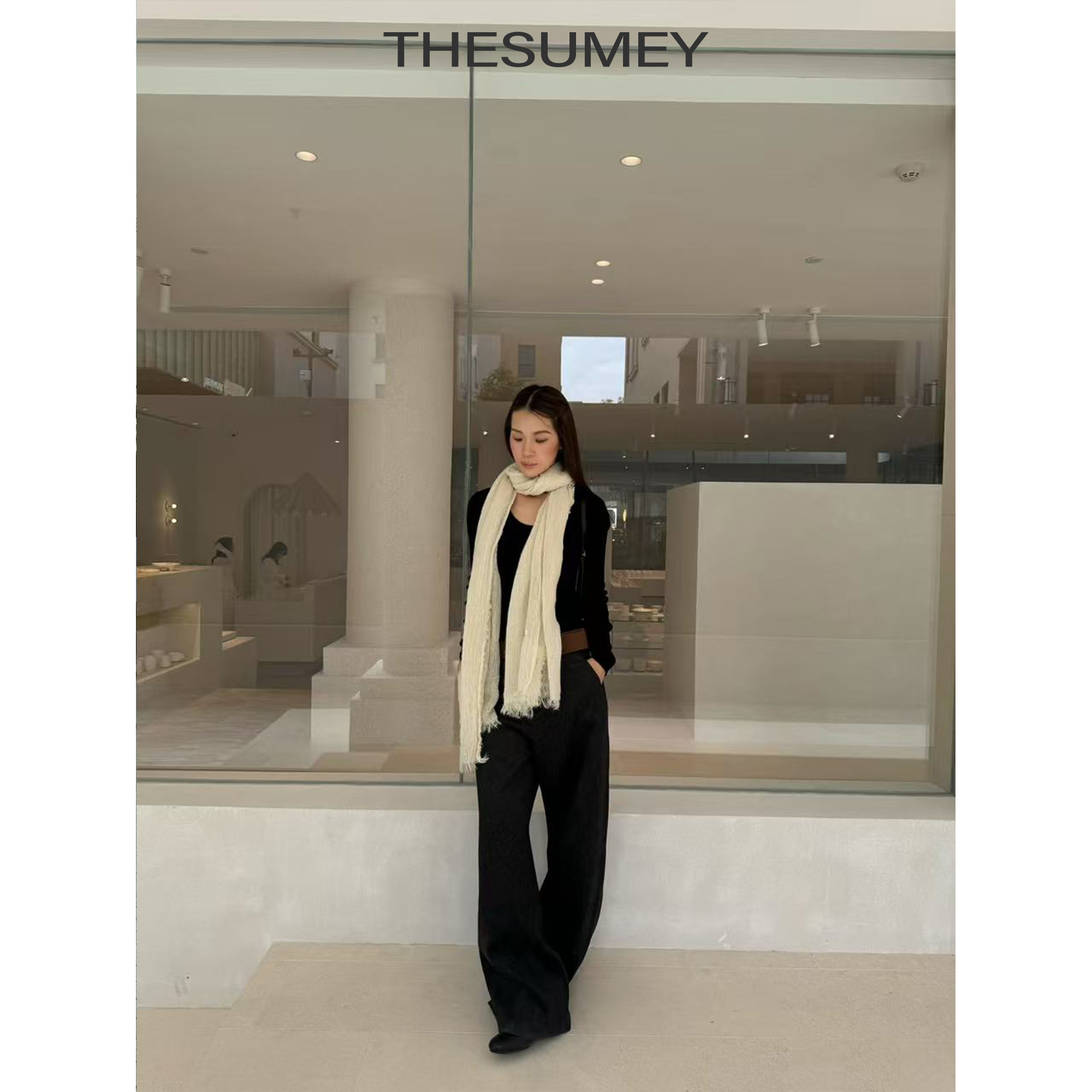 THESUMEY杏色毛线围巾女韩系25秋冬纯色简约百搭针织休闲保暖围脖