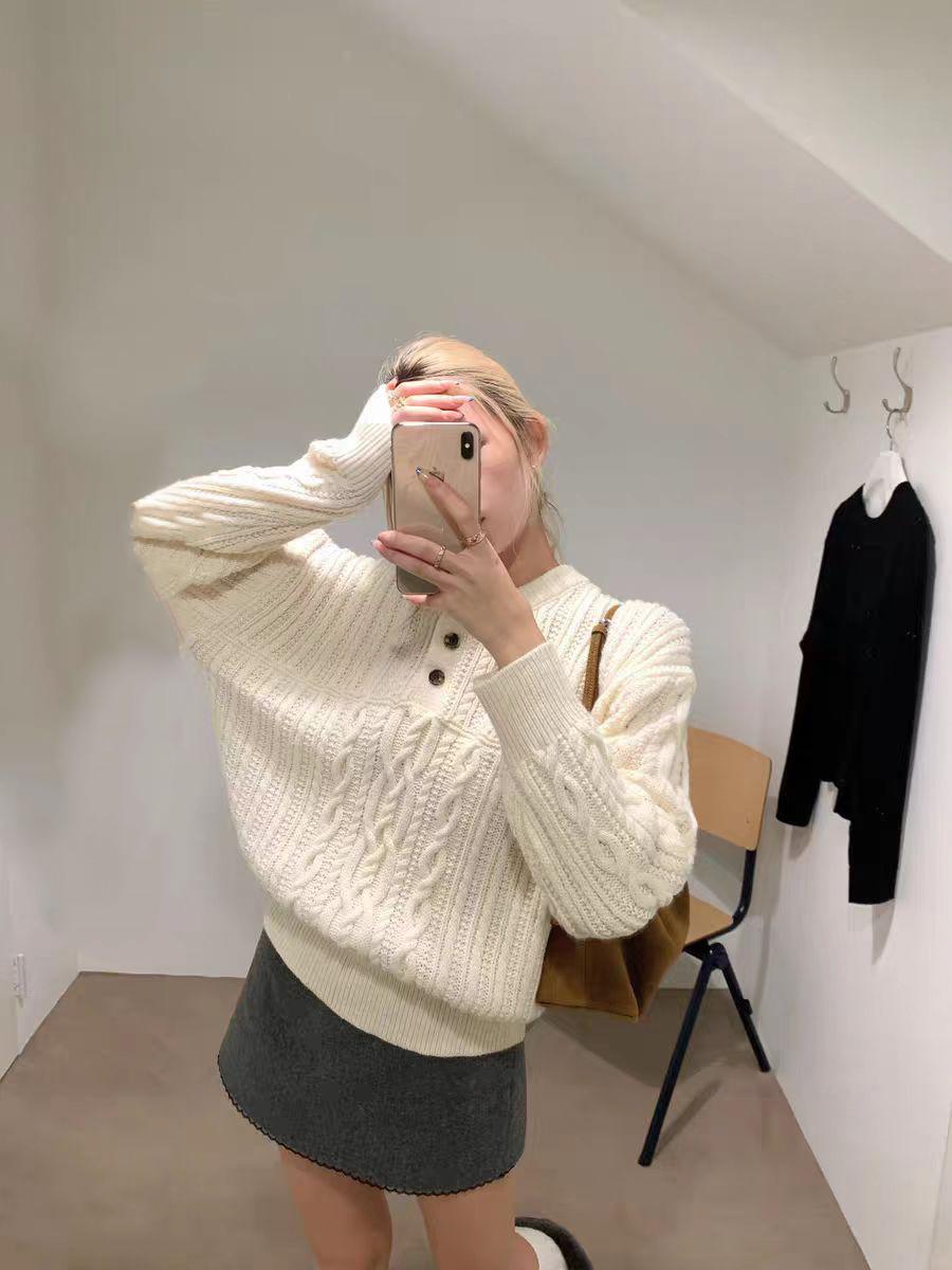 针织衫白色毛衣女早秋季气质小个子宽松慵懒风针织衫圆领套头上衣
