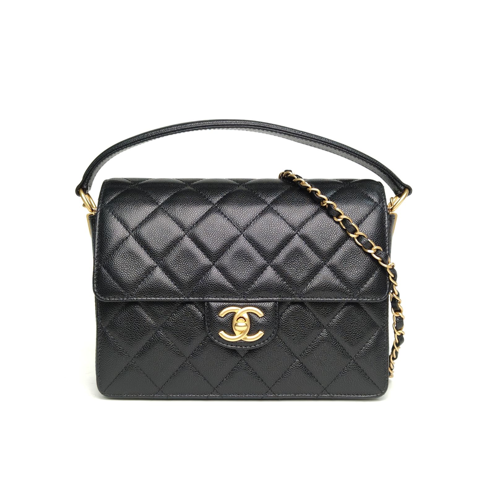 99新 Chanel/香奈儿 小花6枫 24K 手柄 CF 口盖包 22cm 芯片开